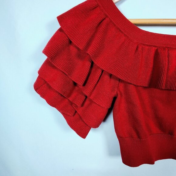 Marissa Webb Women's XS Red Off the Shoulder Ruffled Crop Top - Picture 8 of 8
